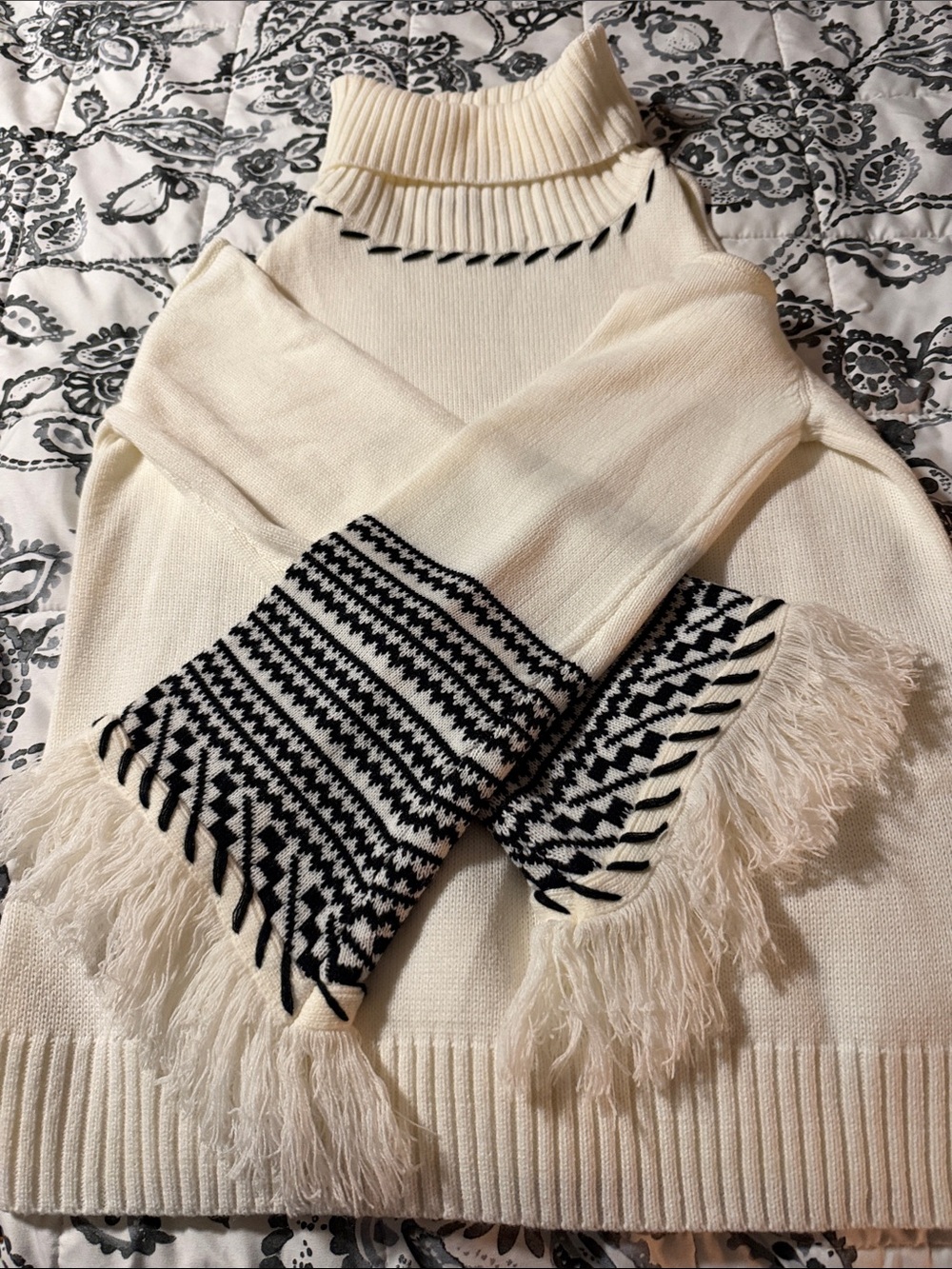 Venus Cream Turtleneck off the shoulder sweater with fringe. Size L